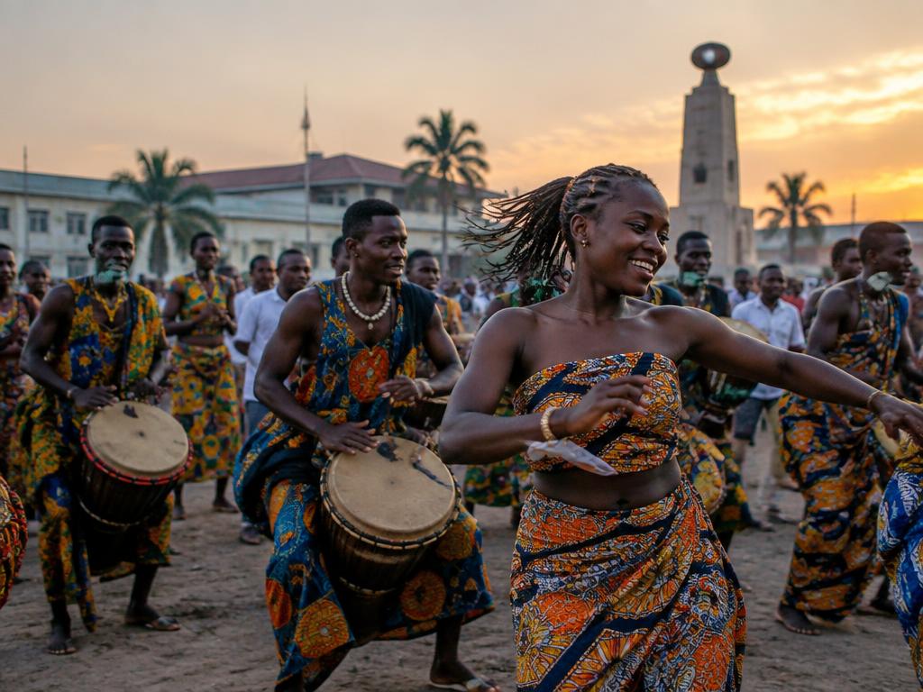 Drummers and dancers in colorful wax-print cloth celebrating at dusk