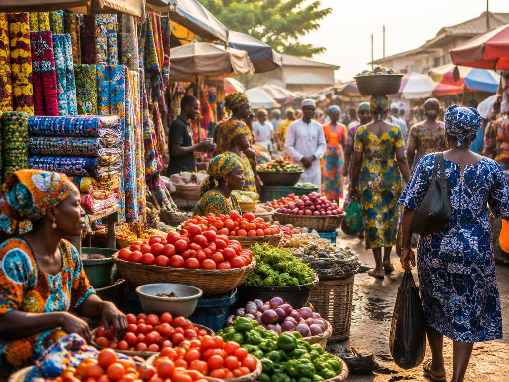 Bustling open-air market with produce and fabric stalls