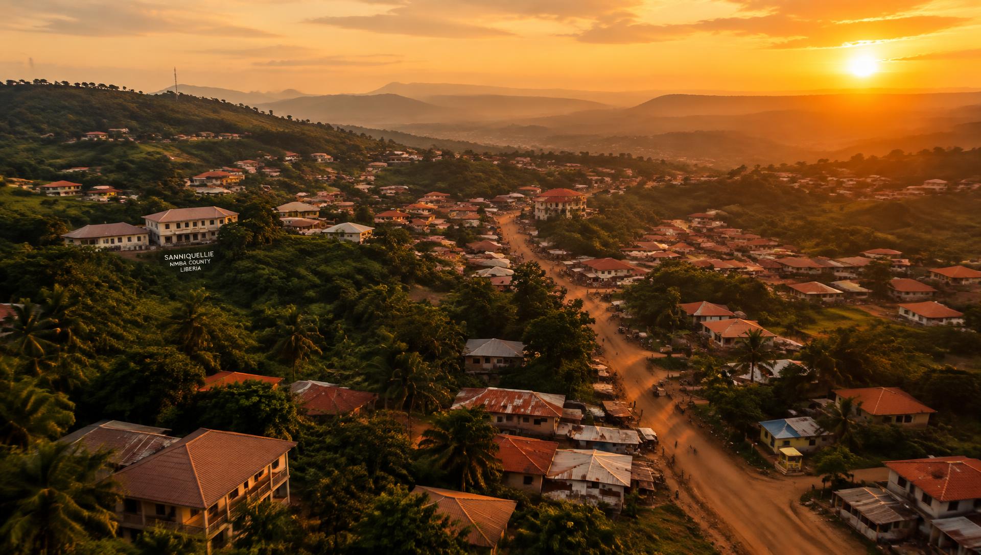 Golden hour aerial view of Sanniquellie, Nimba County