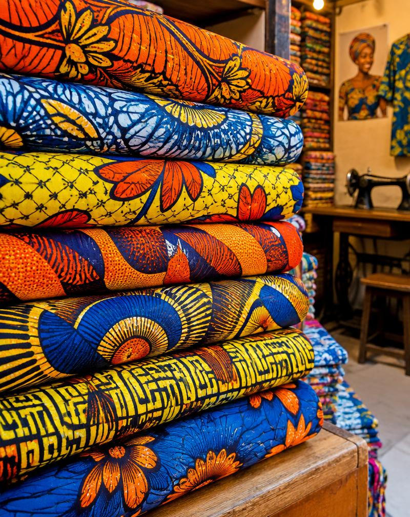 Bright wax-print fabric bolts stacked at a Nimba tailor shop
