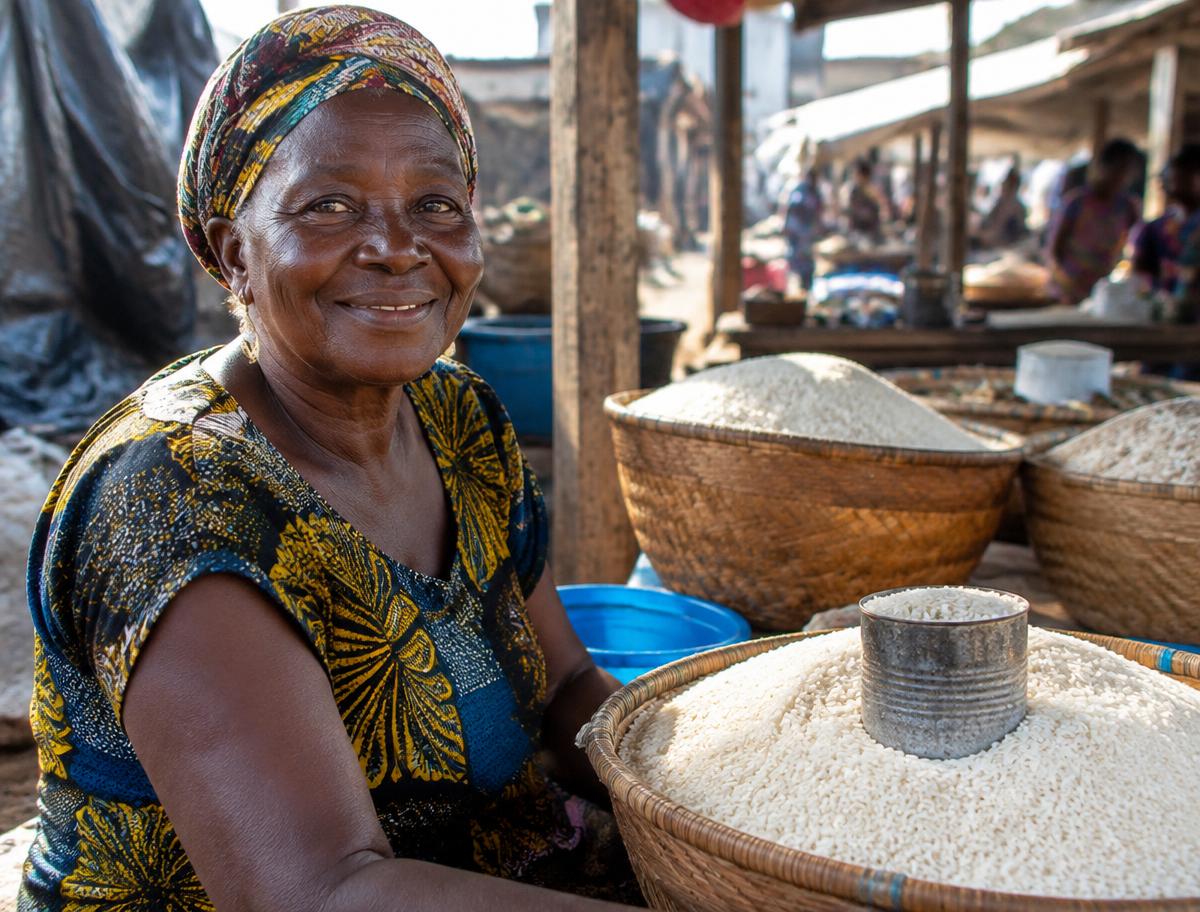 Elder woman at her rice stall, warm smile, market morning