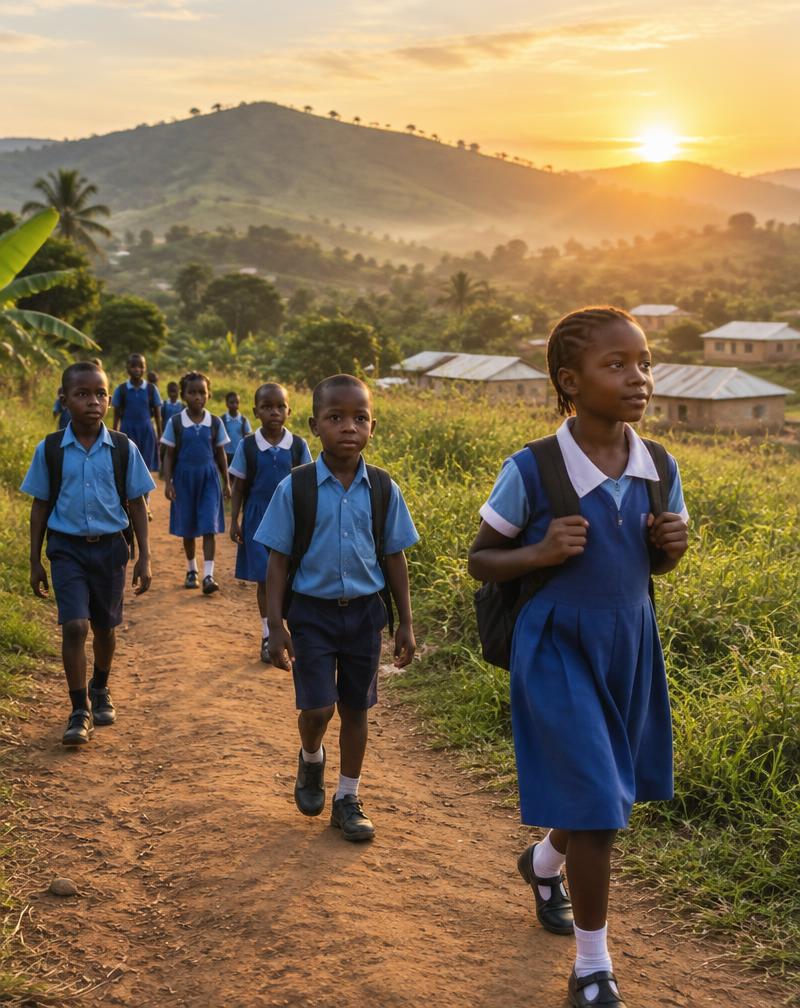 Children walking to school past green hills at sunrise